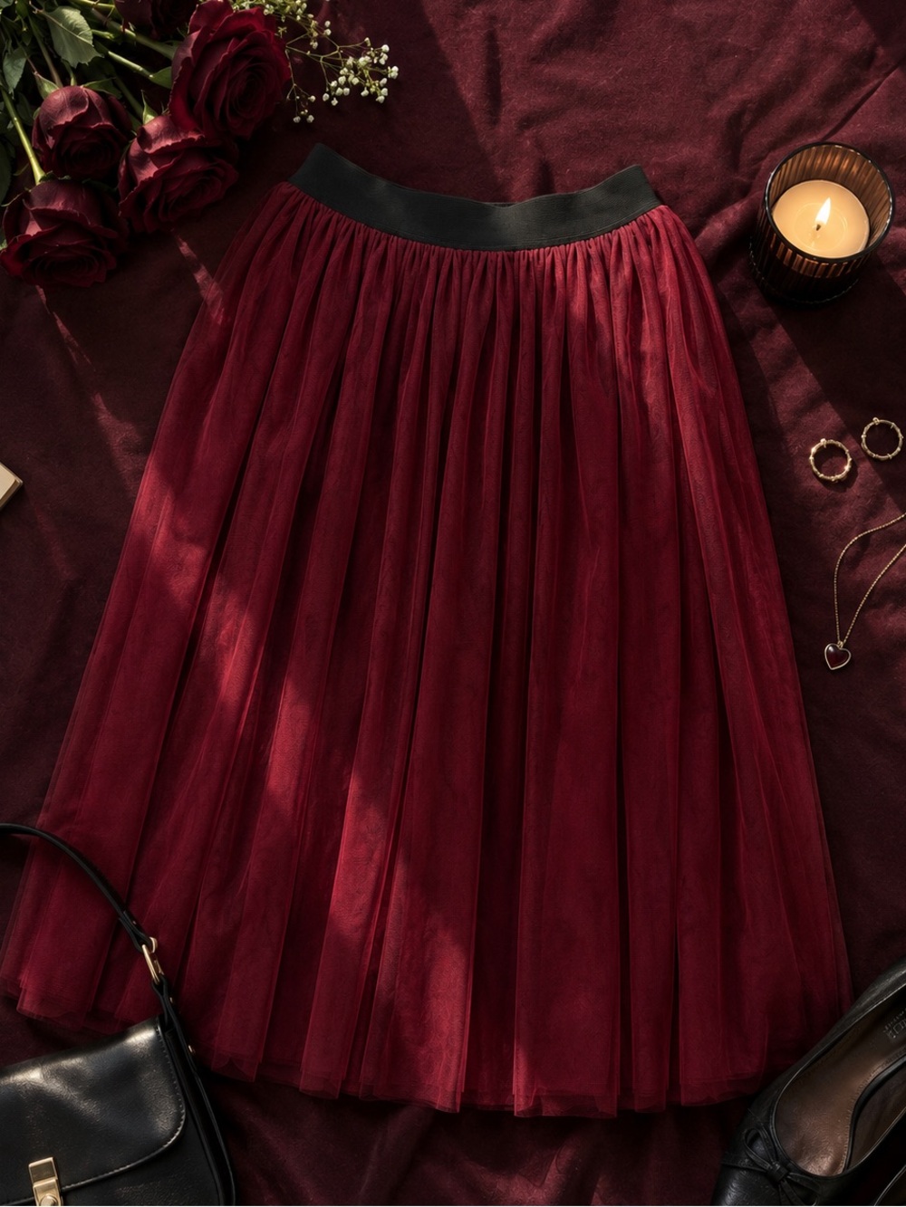Women's Red Tulle Midi Skirt with Elastic Waist